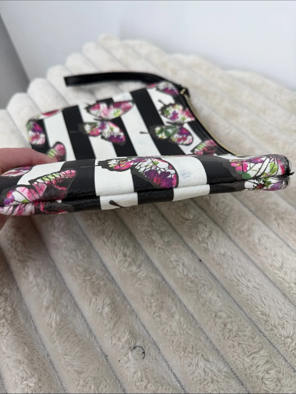 Betsey Johnson Butterfly Stripe Wristlet - Black & White with Pink Accents